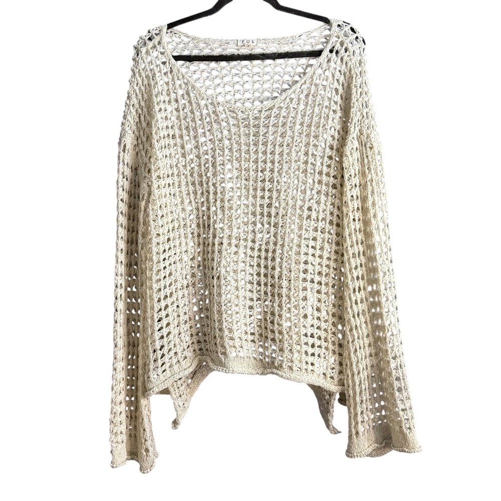 POL Cream V-Neck Sweater with Mesh Knit